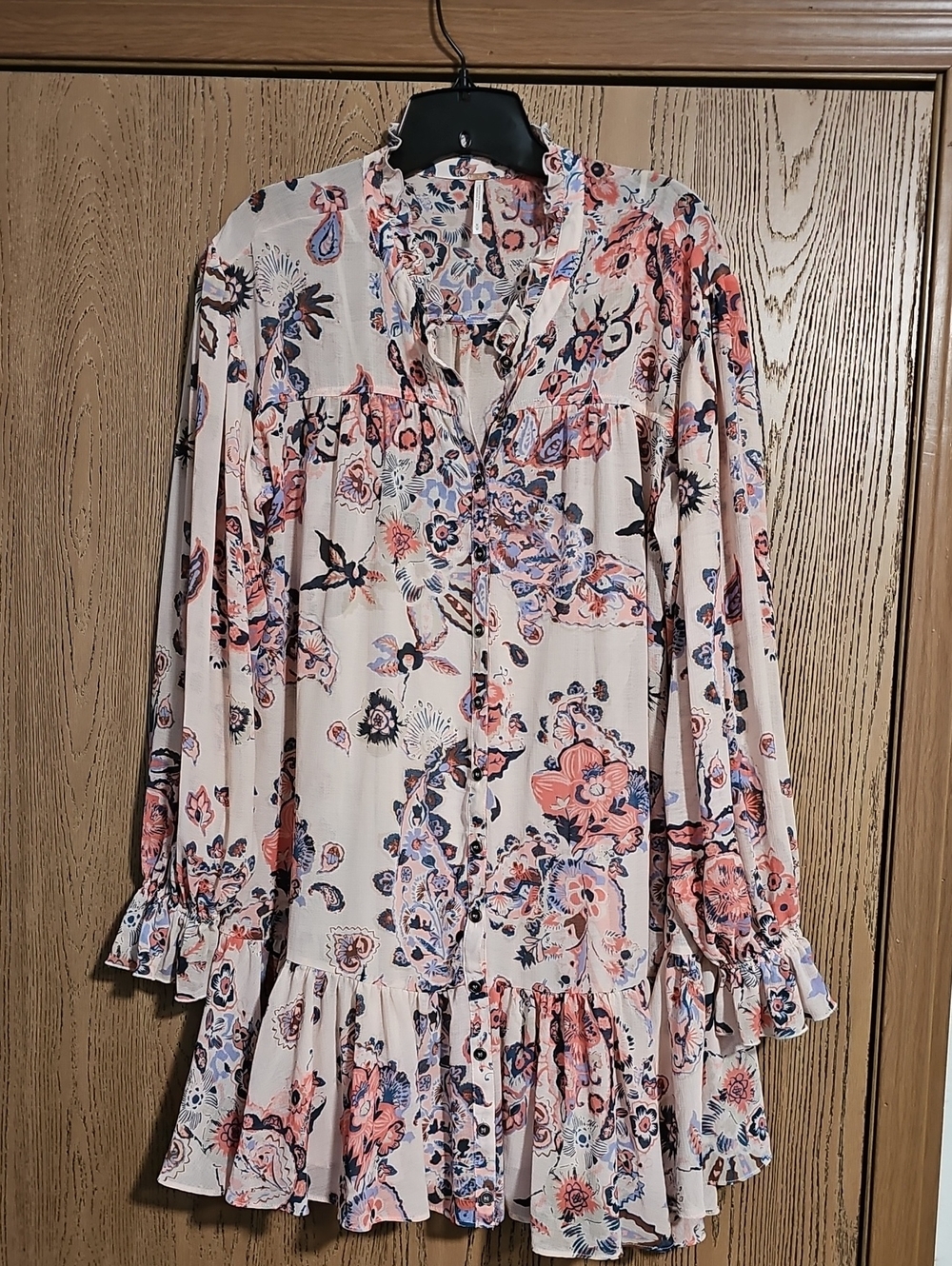Free People Floral Ruffle Hem Long Sleeve Dress - Pink